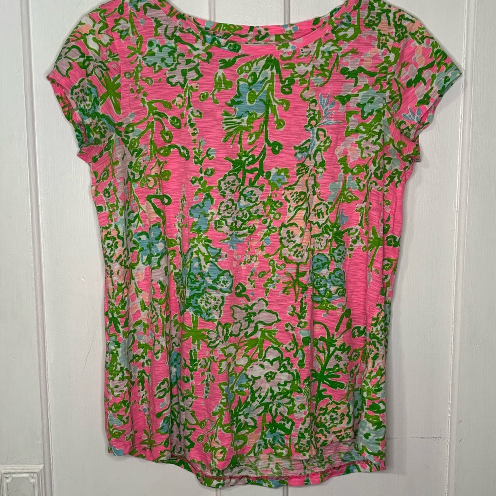Lilly Pulitzer Etta Scoop Floral Pink and Green Women's Top